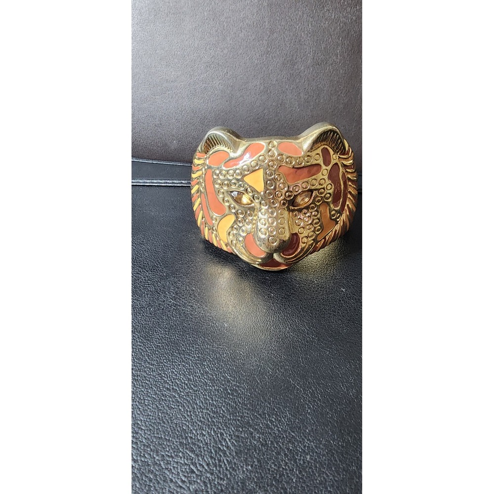 Gold Tone Tiger Head Enamel Hinge Cuff Bracelet Orange Peach Statement Jewelry